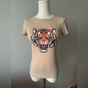 Guess Y2k Tiger T-Shirt Beaded Streetwear Short Sleeve Tan
